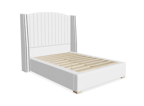 Bircham Fabric Bed Shown in Linoso Faux Linen Polar White Fabric