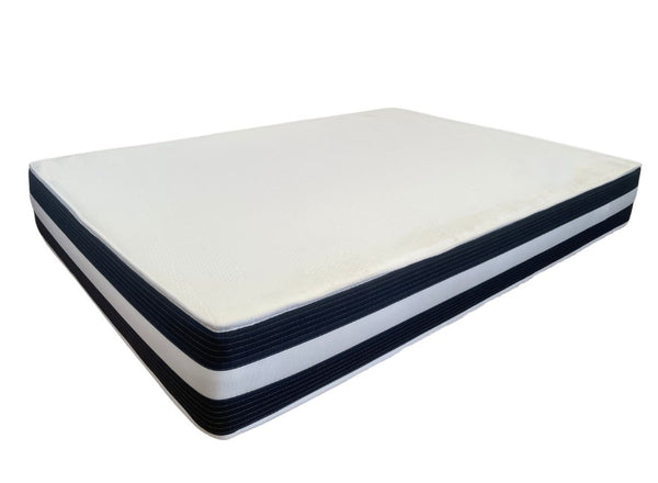 White firm mattress with stitched black stripes