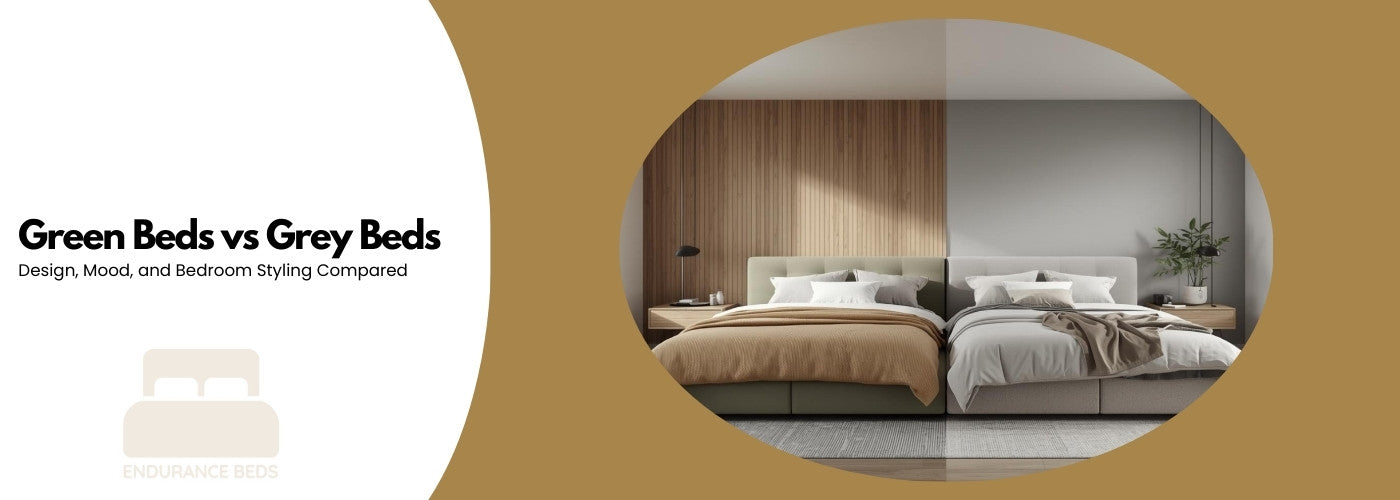 green beds vs grey beds, bedroom styling compared