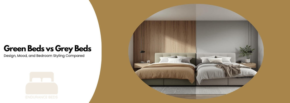 green beds vs grey beds, bedroom styling compared