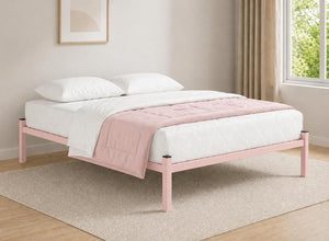 Small Double Wroxham metal platform bed frame in light pink with white bedding.