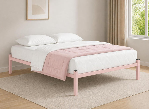 Small Double Wroxham metal platform bed frame in light pink with white bedding.