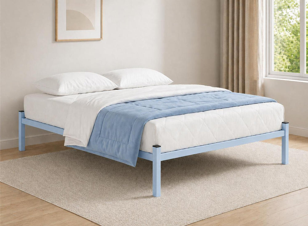 Small Double Wroxham Metal Platform Bed Frame in pastel blue with white bedding.