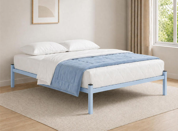 Small Double Wroxham Metal Platform Bed Frame in pastel blue with white bedding.