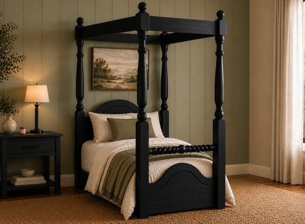 Ashwicken Floor Four Poster Bed in Black Ash Finish, Single Size