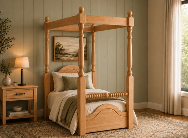 Ashwicken Floor Four Poster Bed in Oak Finish, Single Size