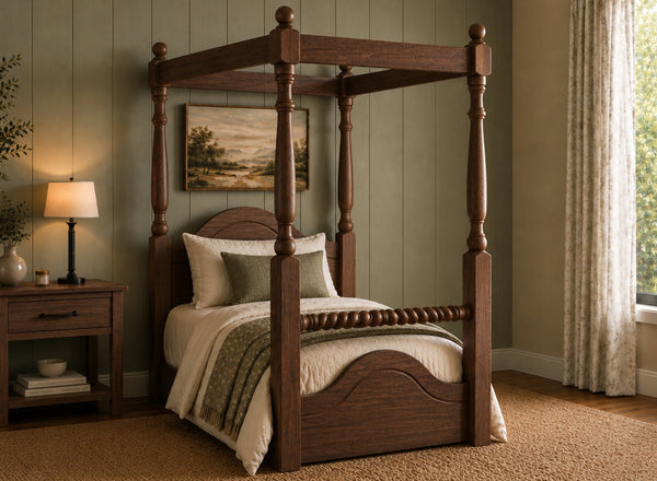 Ashwicken Floor Four Poster Bed in Walnut Finish, Single Size