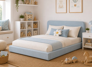 Childrens Floor Bed in Baby Blue Velvet Fabric Finish