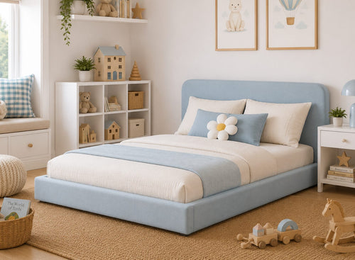 Childrens Floor Bed in Baby Blue Velvet Fabric Finish