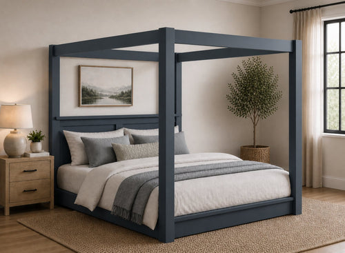 Barnwell Floor Four Poster Bed in Blue Finish