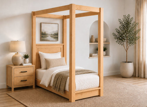 Barnwell Floor Four Poster Bed in Antique Finish, Single Size