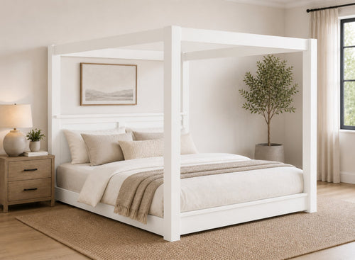 Barnwell Floor Four Poster Bed in White Finish