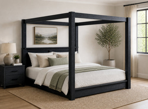 Barnwell Floor Four Poster Bed in Black Ash Finish