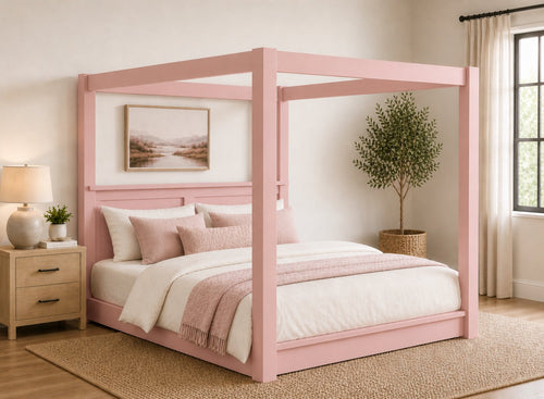 Barnwell Floor Four Poster Bed in Pink Finish