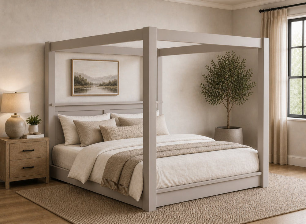 Barnwell Floor Four Poster Bed in Grey Finish