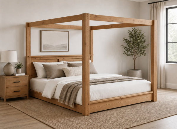 Barnwell Floor Four Poster Bed in Oak Finish