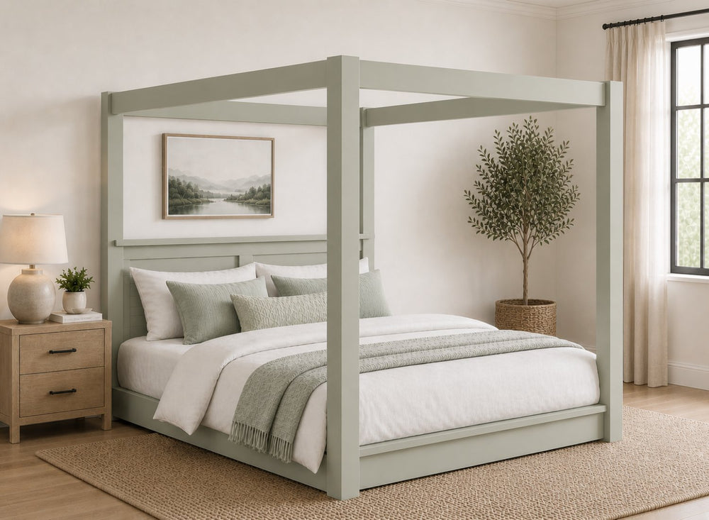 Barnwell Floor Four Poster Bed in Blue Finish