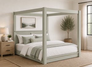 Barnwell Floor Four Poster Bed in Sage Green Finish