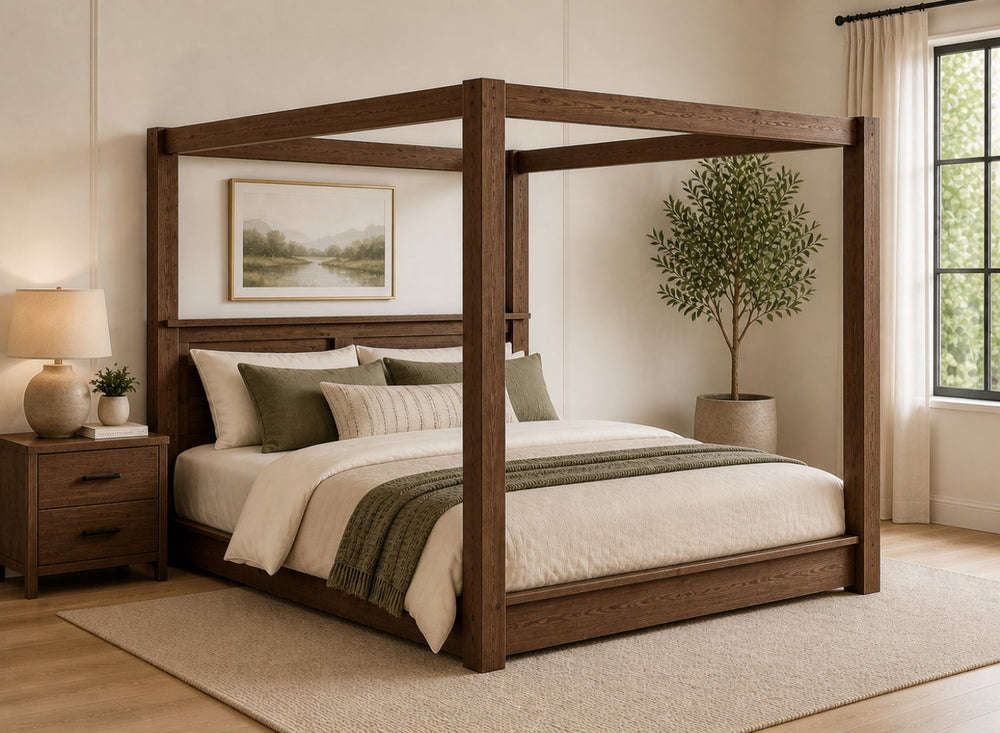 Barnwell Floor Four Poster Bed in Walnut Finish