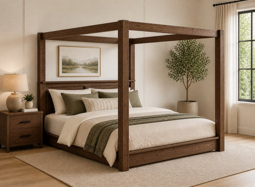 Barnwell Floor Four Poster Bed in Walnut Finish