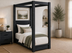 Barnwell Floor Four Poster Bed in Black Finish, Single Size