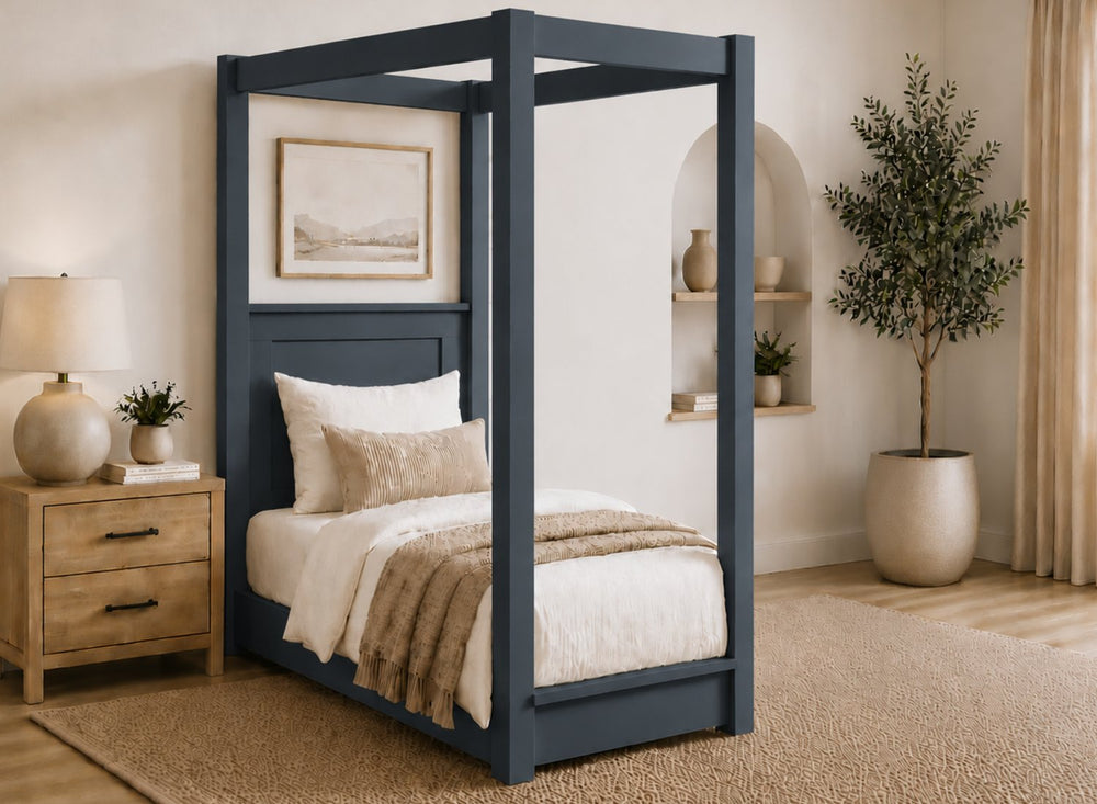 Barnwell Floor Four Poster Bed in Blue Finish