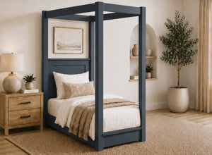 Barnwell Floor Four Poster Bed in Painted Blue Finish, Single Size