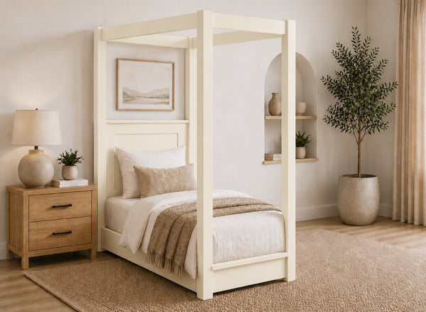 Barnwell Floor Four Poster Bed in Painted Cream Finish, Single Size