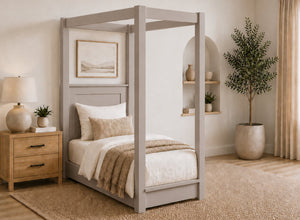 Barnwell Floor Four Poster Bed in Painted Grey Finish, Single Size