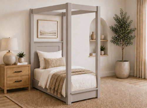 Barnwell Floor Four Poster Bed in Painted Grey Finish, Single Size