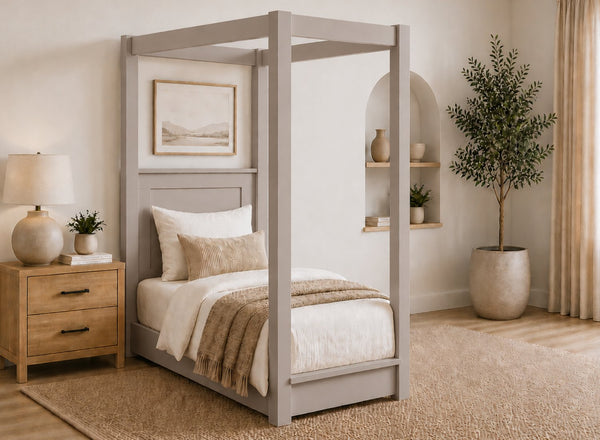 Barnwell Floor Four Poster Bed in Painted Grey Finish, Single Size