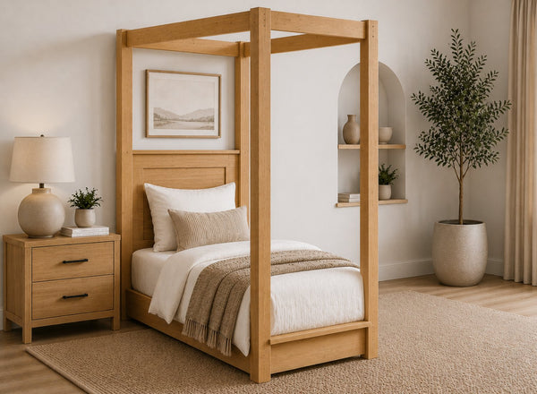 Barnwell Floor Four Poster Bed in Oak Finish, Single Size