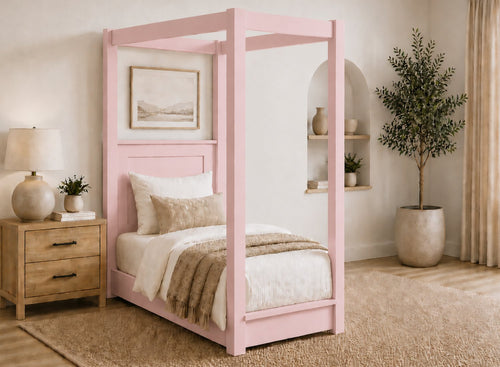 Barnwell Floor Four Poster Bed in Painted Pink Finish, Single Size