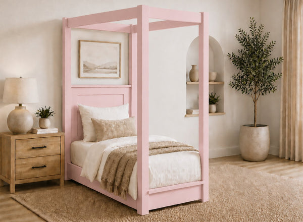 Barnwell Floor Four Poster Bed in Painted Pink Finish, Single Size