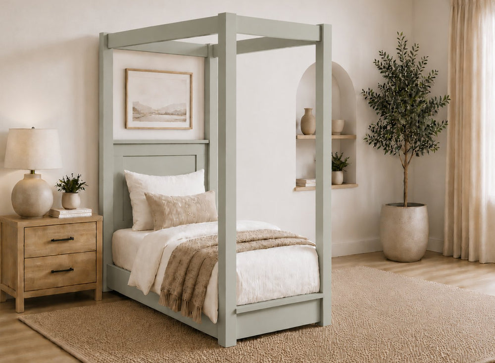 Barnwell Floor Four Poster Bed in Blue Finish