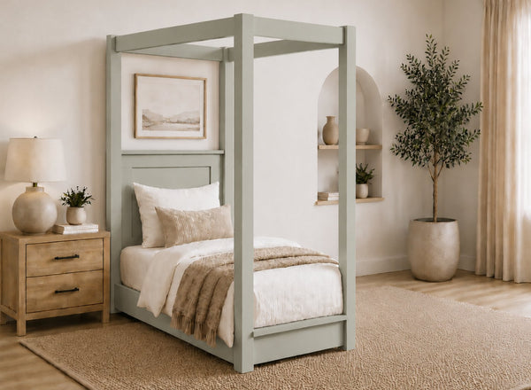 Barnwell Floor Four Poster Bed in Painted Sage Green Finish, Single Size