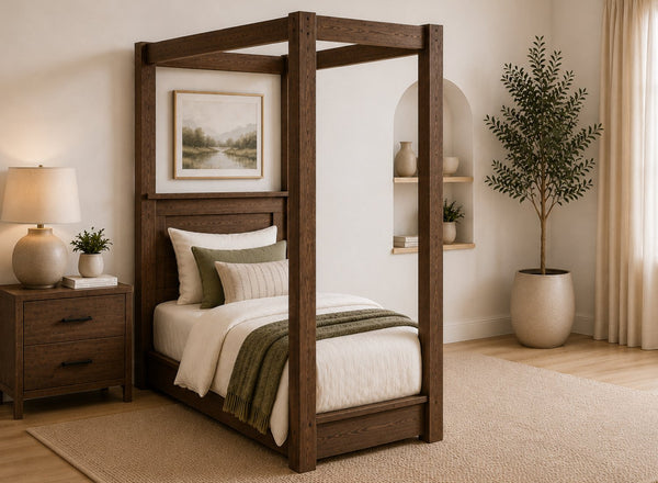 Barnwell Floor Four Poster Bed in Walnut Finish, Single Size