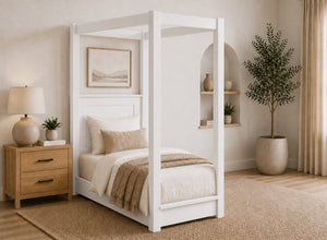 Barnwell Floor Four Poster Bed in Painted White Finish, Single Size