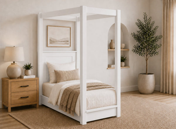 Barnwell Floor Four Poster Bed in Painted White Finish, Single Size
