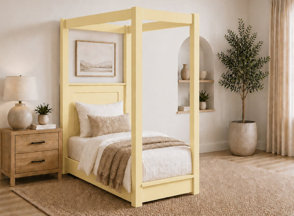 Barnwell Floor Four Poster Bed in Painted Yellow Finish, Single Size