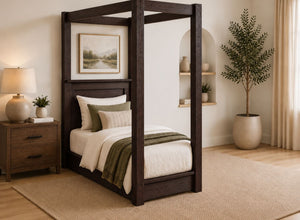 Barnwell Floor Four Poster Bed in Walnut Finish, Single Size