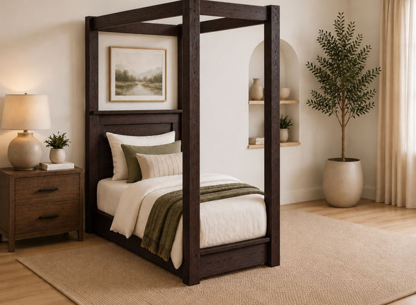 Barnwell Floor Four Poster Bed in Walnut Finish, Single Size
