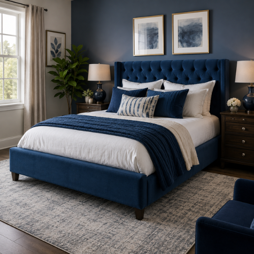 Blue Fabric Bed with Blue Feature Wall