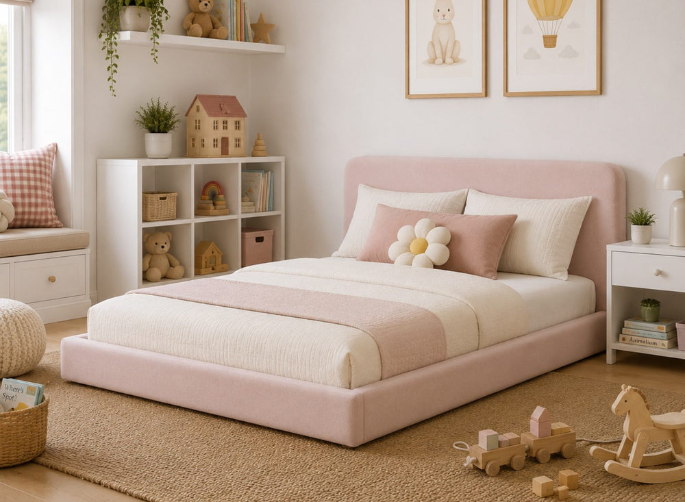 Childrens Floor Bed in White Boucle Fabric Finish