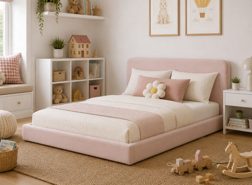 Childrens Floor Bed in Blush Pink Velvet Fabric Finish