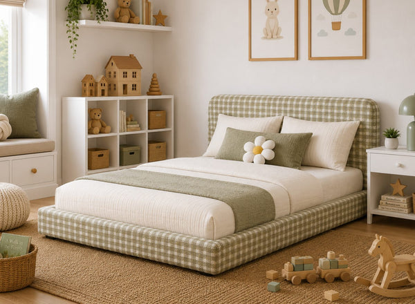 Childrens Floor Bed in Bracken Green Chequered Fabric Finish