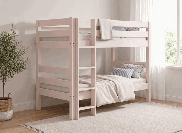 Keswick Single Painted Wooden Bunk Bed in Nancy's Blushes Pink, with ladder and simple design.