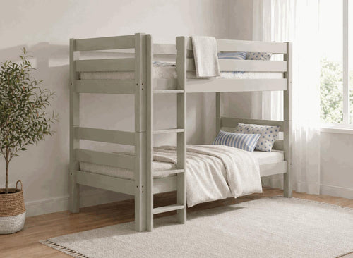 Keswick Single Sage Green Painted Wooden Bunk Bed with ladder, bedding, and pillows.