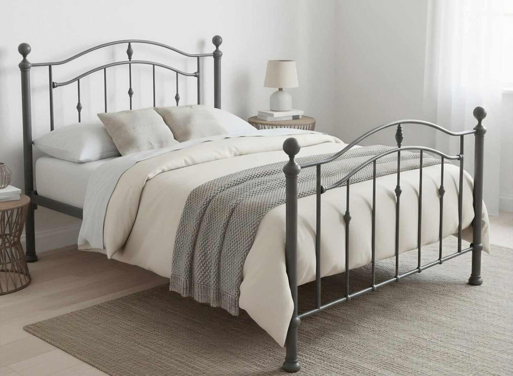 Calham sage green metal bed frame in minimalist bedroom