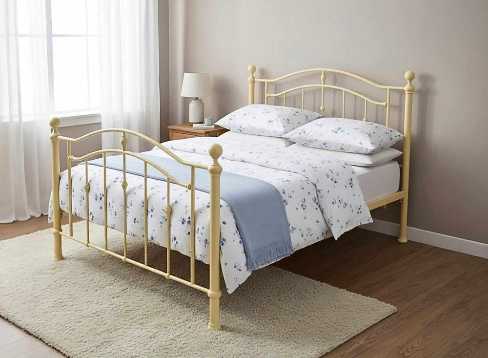 Calham sage green metal bed frame in minimalist bedroom